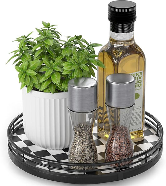 Black and White Kitchen Lazy Susan Turntable – Checkered Round Decorative Tray, 9" Table Top Oak Wood Lazy Susan for Cookies, Dining Table Organizer, Small Kitchen Table Centerpiece
