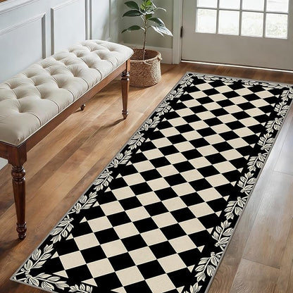 Modern Black White Checkered Pattern Runner Rug, 3.3x7ft, Abstract Neutral Farmhouse Decor Rugs for Living Room, Non-Shedding Low Pile Soft Foldable Carpet for Family Kitchen