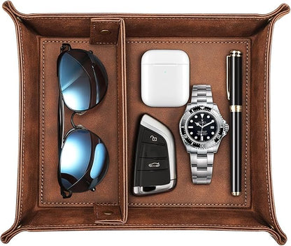 SITHON Valet Tray Desktop Storage Organizer, Removable 2 Compartments Catchall Tray Bedside Vanity Nightstand Caddy Holder Desk Storage Plate, Brown