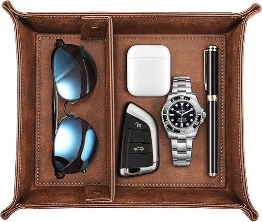 SITHON Valet Tray Desktop Storage Organizer, Removable 2 Compartments Catchall Tray Bedside Vanity Nightstand Caddy Holder Desk Storage Plate, Brown