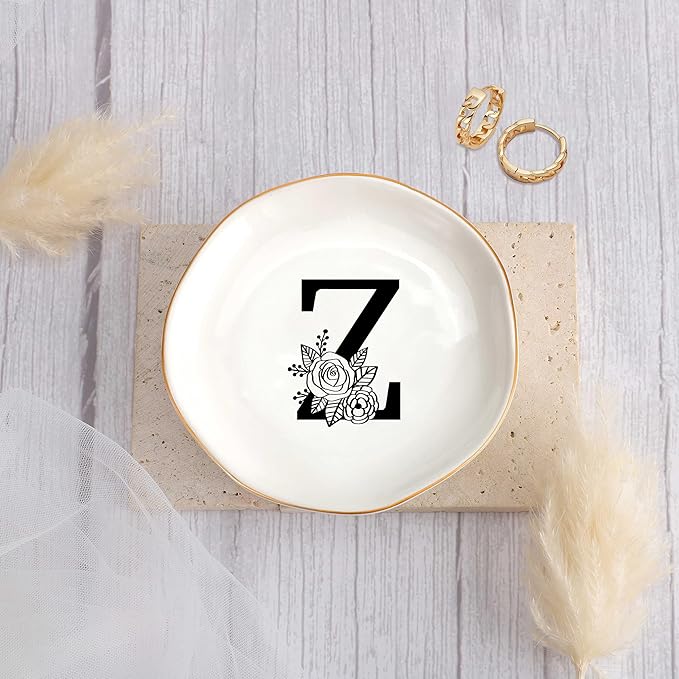 JoycuFF Initial Z Ceramic Jewelry Tray, Bridesmaid Bride Gifts, Mothers Day Christmas Anniversary Engagement Birthday Gifts for Women Couples, Trinket Dish for Rings Earrings Necklaces Bracelets Keys