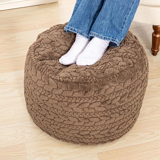 Unstuffed Ottoman Pouf Cover – Round Faux Fur Footstool Plush Floor Pouf (No Filler Included) Perfect for Living Room, Bedroom, or Office Lounge (Coffee, 26x26x18 in)