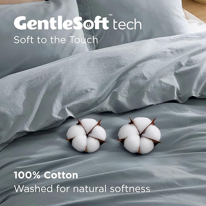 Bedsure 100% Washed Cotton Duvet Cover King Size - Dusty Blue Minimalist Cotton Duvet Cover Linen Like for All Seasons - GentleSoft™ Plain Simple Bedding (Dusty Blue, King, 104"x90")