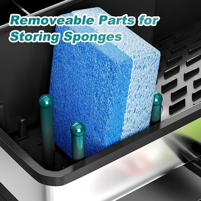 Stainless Steel Sink Caddy, Sponge Holder for Kitchen Sink with Brush Holder & Dishcloth Rack, Rustproof Sink Organizer Countertop, Soap Dispenser Kitchen Organizers Storage Essentials, Black