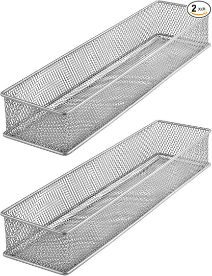 YBM HOME Silver Mesh Drawer Cabinet and or Shelf Organizer Bins, School Supply Holder Office Desktop Organizer Basket (2, 3x12x2 Inch)