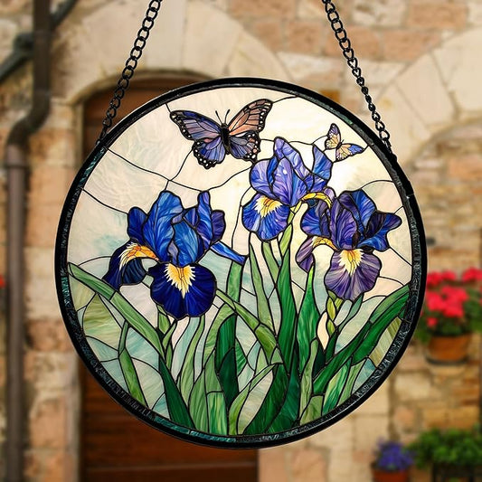 DASTOLL Stained Glass Window Hanging, Blue Purple Butterfly Flower Suncatcher Diamond Colorful Glass Panel Sun Catchers Decor for Birthday for Women, Men, Wife, Aunt, and Mom 11.8 in