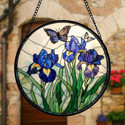 DASTOLL Stained Glass Window Hanging, Blue Purple Butterfly Flower Suncatcher Diamond Colorful Glass Panel Sun Catchers Decor for Birthday for Women, Men, Wife, Aunt, and Mom 7.8 in