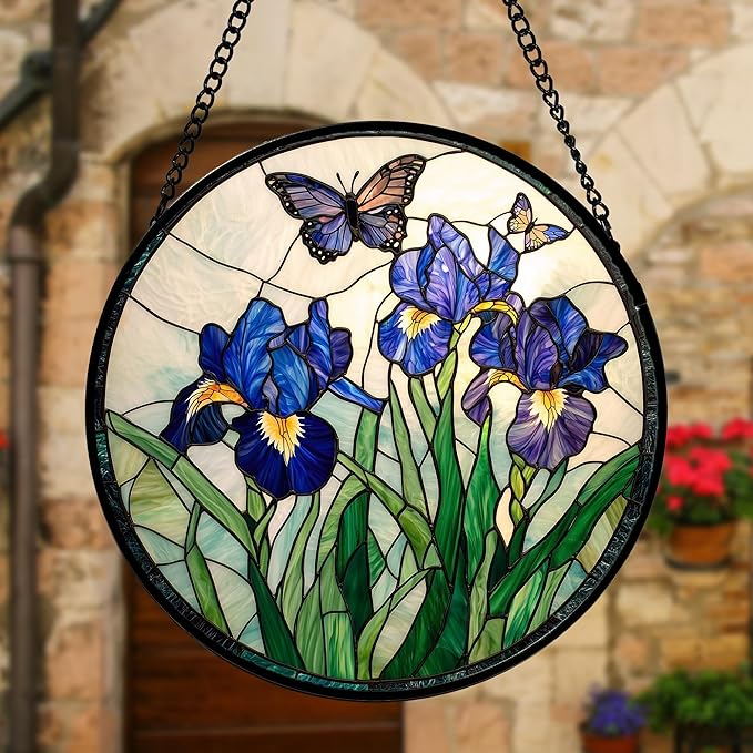 DASTOLL Stained Glass Window Hanging, Blue Purple Butterfly Flower Suncatcher Diamond Colorful Glass Panel Sun Catchers Decor for Birthday for Women, Men, Wife, Aunt, and Mom 9.8 in