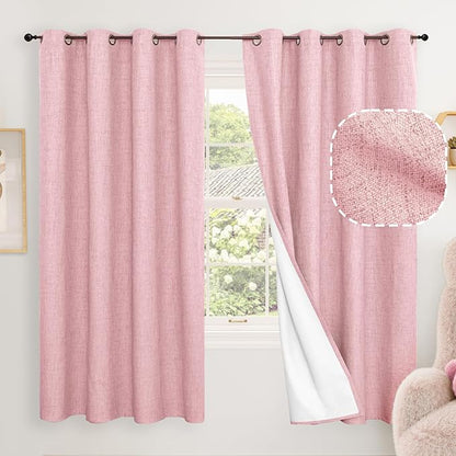 Baby Pink Linen Blackout Curtains for Nursery 63 Inch Length 2 Panels Set, Thermal Insulated Boho Total Black Out Noise Reducing Bonzer Grommets Window Curtains for Girls Bedroom, Each 60 Inch Wide