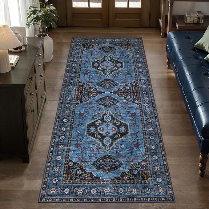 Tangsoo Blue 2x6 Washable Runner Rug for Hallways, Non Slip Oriental Runner Rug, Vintage Soft Low Pile Long Rug Runner, Carpet Runners for Kitchen Bedroom Entryway Bathroom Living Room Blue/Black