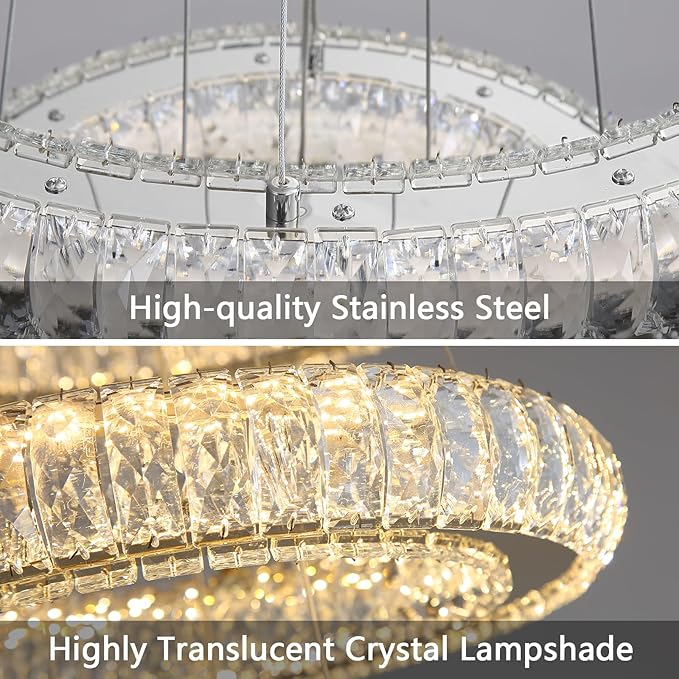 Modern Chandelier Crystal LED Dimmable Ring Pendant Lights Adjustable Hanging Lighting Chandeliers Fixtures for Dining Room Bedroom Kitchen Island Table Silver Light