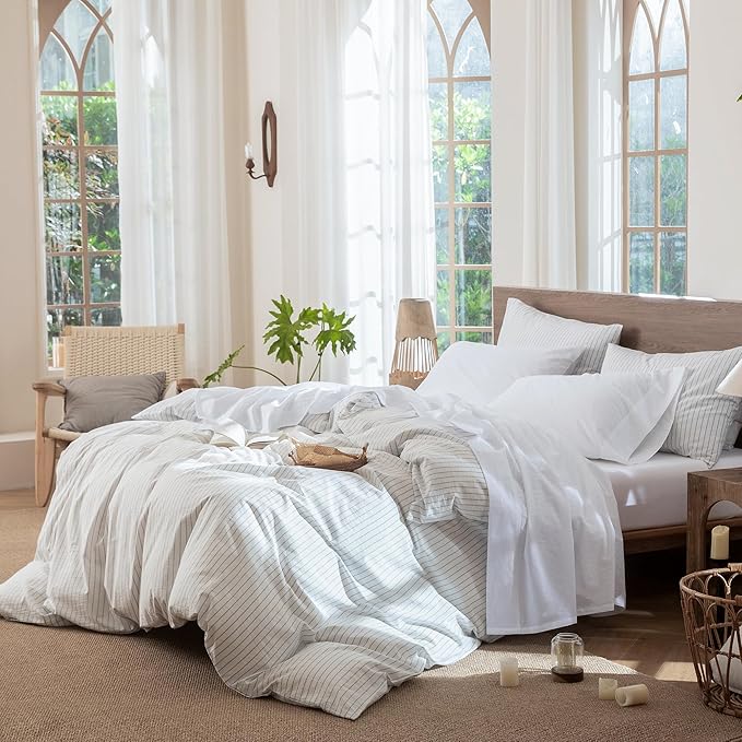 MooMee Bedding Sheet Set 100% Washed Cotton Linen Like Textured Breathable Durable Soft Comfy (Solid Bright White, Full)
