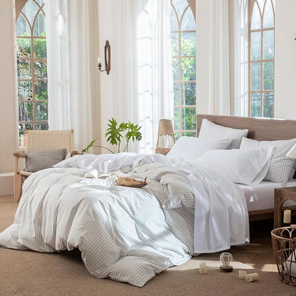 MooMee Bedding Sheet Set 100% Washed Cotton Linen Like Textured Breathable Durable Soft Comfy (Solid Bright White, California King)