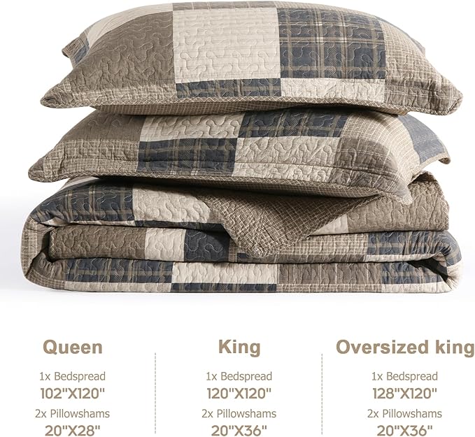 Finlonte 102"x120" Oversized Queen Bedspread - 100% Cotton Lightweight Quilted Bedspreads Coverlet Set, Farmhouse Plaid Bedding Reversible Oversized Queen Quilt with 2 Pillow Shams, Brown/Beige/Cream