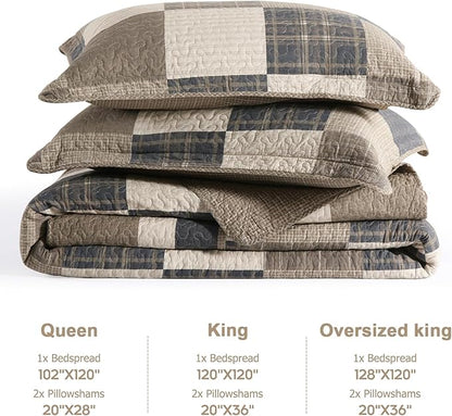 Finlonte 102"x120" Oversized Queen Bedspread - 100% Cotton Lightweight Quilted Bedspreads Coverlet Set, Farmhouse Plaid Bedding Reversible Oversized Queen Quilt with 2 Pillow Shams, Brown/Beige/Cream