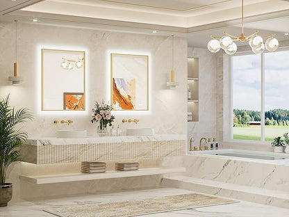 TETOTE 24 x 32 Backlit Bathroom Mirror Brushed Gold Metal Frame LED Light Vanity 3-Color White/Warm/Natural Stepless Dimmable Anti-Fog Backlight Mirror Wall-Mounted