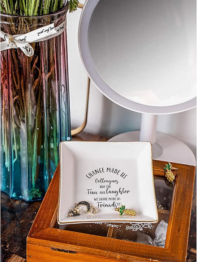 SUNBMO Ceramic Jewelry Trinket Dish for Colleagues - Chance Made Us Colleagues, Bff Friendship Keepsake for Women Coworkers, Leaving Goodbye Going Away Gifts for Coworkers