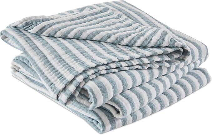 EMME Cotton Muslin King Blanket Bed Layering Bedspread Coverlet Breathable Gauze Soft Lightweight (Striped Teal, 108"x90")