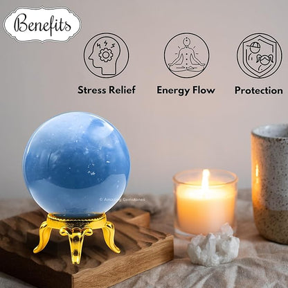 Amazing Gemstone Angelite Crystal Ball with Stand - 1.5" Inches Crystal Sphere Meditation Balls for Witchcraft and Decorative Balls