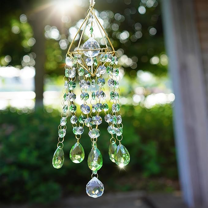 HDCRYSTALGIFTS Crystal Suncatcher Glass Wind Chimes Style Sun Catchers Indoor Window Rainbow Prisms Suncatcher for Window Hanging Home Garden Decor (21.5inch,Green)