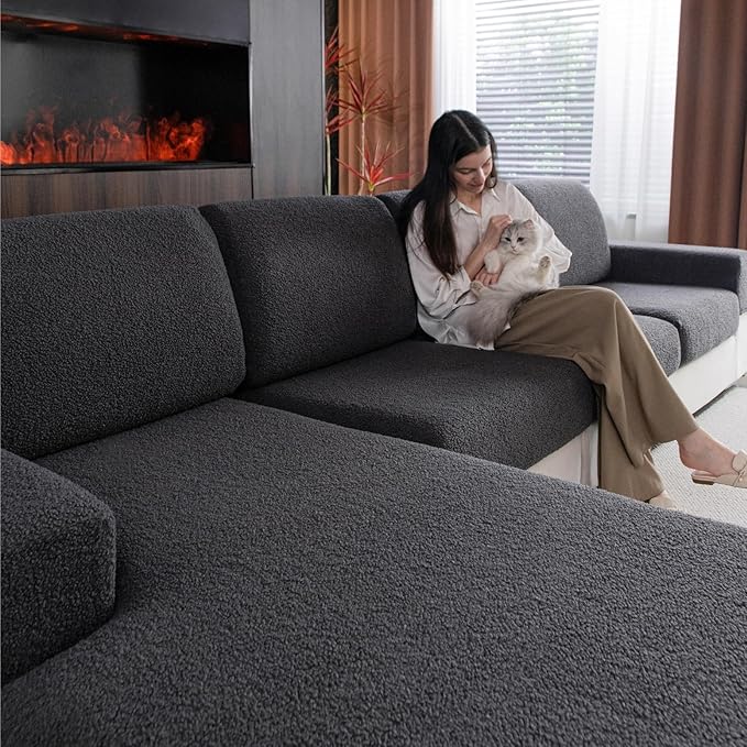 Couch Cushion Covers for Sectional Sofa, Stretch Soft Sofa Slipcovers Washable Wear-Resistant Universal Furniture Protector for Living Room(3 Seaters Covers, Dark Gray)