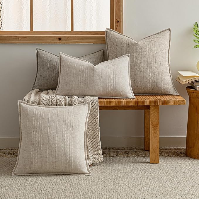 a moment Linen Pillow Covers Set of 2,Boho Farmhouse Throw Pillowcases Neutral Textured Decorative Covers for Couch Sofa Bed,Soft Linen Blend Accent Case Cushion Living Room Home Decor 18"x18"Ivory