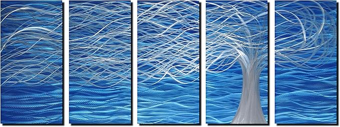 MyArton Unique Metal Wall Sculpture, Metal Wall Art with Tree Painting Design, Abstract Modern and Contemporary Décor, Aluminum Blue Artwork, Indoor and Outdoor decoration, 5 panels 64"Wx24"H