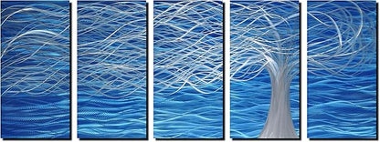 MyArton Unique Metal Wall Sculpture, Metal Wall Art with Tree Painting Design, Abstract Modern and Contemporary Décor, Aluminum Blue Artwork, Indoor and Outdoor decoration, 5 panels 64"Wx24"H