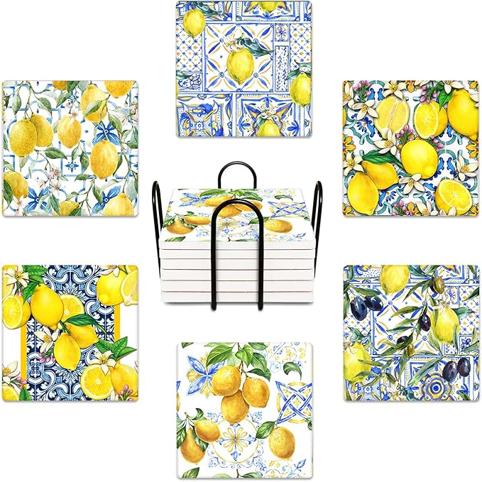 Coasters for Drinks Set of 6, Yellow Lemon Fruit Blue Ceramic Tiles Pattern Absorbent Square Ceramic Stone Mat, with Cork Base and Metal Holder, Gift for Housewarming Room Bar Decor