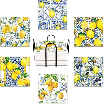 Coasters for Drinks Set of 6, Yellow Lemon Fruit Blue Ceramic Tiles Pattern Absorbent Square Ceramic Stone Mat, with Cork Base and Metal Holder, Gift for Housewarming Room Bar Decor