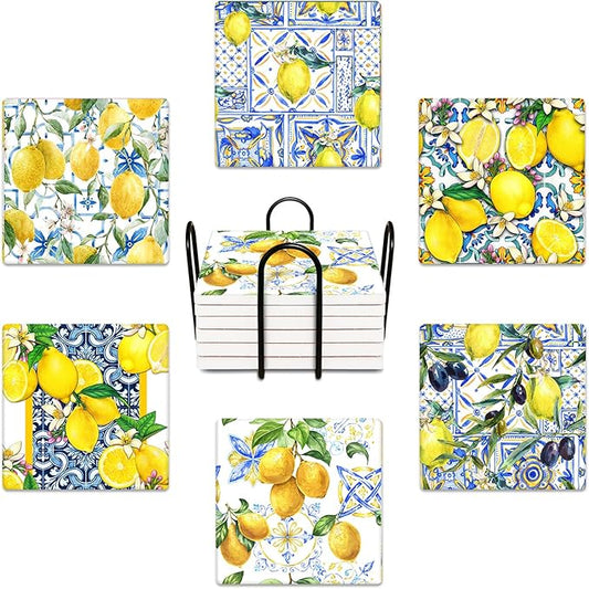 Coasters for Drinks Set of 6, Yellow Lemon Fruit Blue Ceramic Tiles Pattern Absorbent Square Ceramic Stone Mat, with Cork Base and Metal Holder, Gift for Housewarming Room Bar Decor