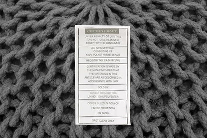 COTTON CRAFT Round Pouf - Hand Knitted Cotton Braid Cord Cable Dori Ottoman - Foot Stool - Floor Pouf Footrest Accent Seat Furniture Bean Bag - Living Room Kids Room Nursery Dorm Décor - 20x14 - Grey