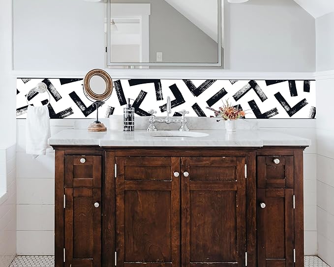 FLFK Black and White Design Wallpaper Border - Peel and Stick Wall Paper, Self Adhesive Removable PVC Borders Sticker, Modern Waterproof Trim for Home Decor, 10" x 240"