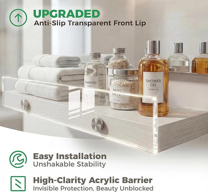 3 Pack Wooden Floating Shelves for Wall with Acrylic Front Lip, 15.7 IN Wall Mounted Rustic Style Shelves for Bathroom, Bedroom, Living Room, Kitchen, Hanging Shelves, White