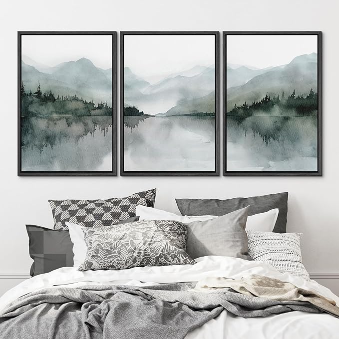 MUDECOR Framed Wall Art Print Set Misty Mountain Lake Watercolor Serene Illustrations Modern Art Boho Decorative Colorful Chic for Living Room, Bedroom, Office - 16"x24"x3 Black