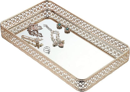 ELLDOO Gold Perfume & Makeup Vanity Tray - Hollow-Carved Jewelry Storage, Glass & Metal Trinket Organizer for Dresser & Bathroom Countertop, Large Size