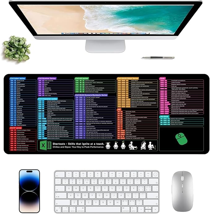 Excel Shortcut Keys Mouse Pad - Extended Large XL Cheat Sheet Gaming Mousepad | PC Office Basics Over 200 Keyboard Shortcuts Mat | Non-Slip Stitched Edge (31.5"x11.8")