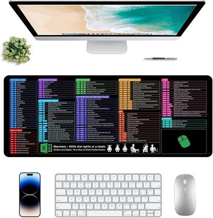 Excel Shortcut Keys Mouse Pad - Extended Large XL Cheat Sheet Gaming Mousepad | PC Office Basics Over 200 Keyboard Shortcuts Mat | Non-Slip Stitched Edge (31.5"x11.8")
