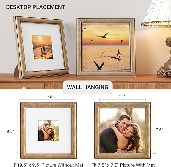 Heimlove 8x8 Picture Frame,8 x 8 Solid White Oak Square Photo Frame with Tempered Glass,8"x8" Handcrafted Wood Frame Matted to 4x4 Photos for Wall or Tabletop Art Photo and Prints,3 Pack