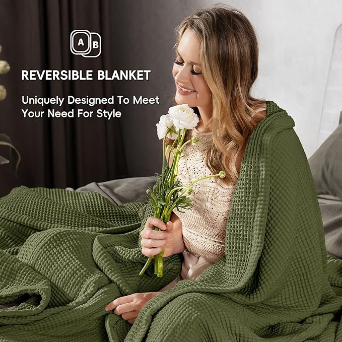 PHF 100% Cotton Waffle & Muslin Blanket Queen Size, Soft Breathable Luxury 400GSM Versatile Reversible Bedding for Bed, Great for Layering in Cold Weather, Home Decor Gift, 90" x 90", Olive Green