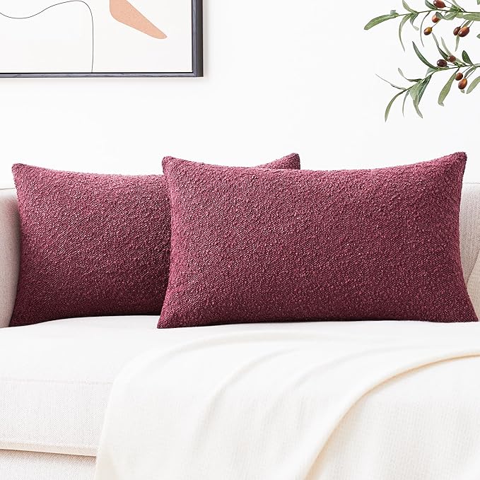 Mixhug Decorative Boucle Throw Pillow Covers, Burgundy Red, 12 x 20 Inches, Pack of 2 - Textured Boho Pillow Covers for Couch and Bed