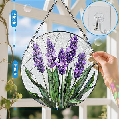 Stained Glass Window Hanging, 8 Inch Lavender Stained Glass Suncatcher, Flower Sun Catcher, Window Hanging Decor, Flower Lovers Gift for Her, Housewarming Gift, Gifts for Lover, Bestie and Couple