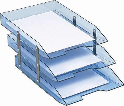 Acrimet Collapsible Articulated Letter Tray 3 Tier Plastic Desktop File Organizer (Clear Blue Color)