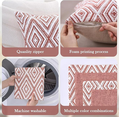 HPUK Decorative Throw Pillow Covers Set of 4 Geometric Design Linen Cushion Cover for Couch Sofa Living Room, 18"x18" inches, Coral