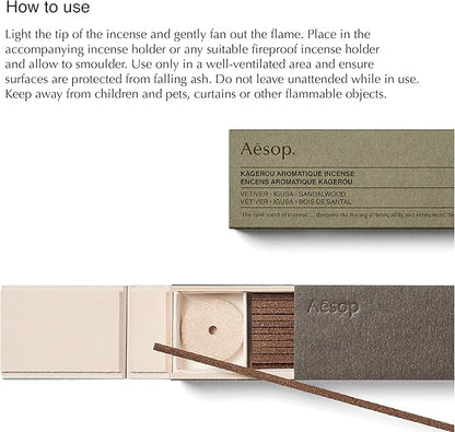 Aesop Kagerou Aromatique Incense | Earthy & Smoky Vetiver Scent | Includes Kanuma Pumice Holder | 30-Minute Burn Time | Green, Herbaceous, Woody Aroma | 33 Sticks
