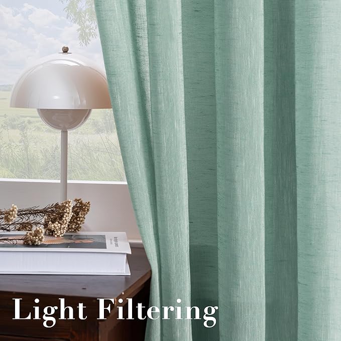 H.VERSAILTEX Linen Curtains Nickel Grommet Natural Linen Semi-Sheer Curtains 2 Panels Privacy Added Premium Soft Rich Material Drapes for Bedroom/Livingroom - 52x63 - Inch - Sea Mist