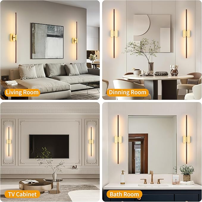 Battery Operated Wall Sconce Single, Walnut Rechargeable Wall Sconce with Remote, Dimmable Sconce Wall Light, 24 Inch LED Wireless Wall Light for Background Wall, Bedroom,Living Room