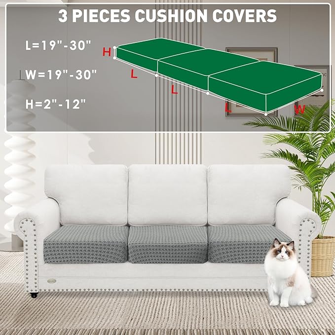MAXIJIN Couch Cushion Covers for Sectional Sofa, Stretch Sofa Cushion Cover Washable Furniture Protector with Elastic Bottom & Non-Slip Strap for Pets Kids (3PC Seat Cover, Light Gray)