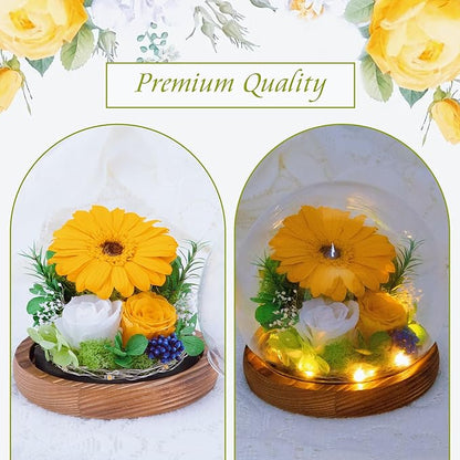 Sunflower Gifts for Women Mom Valentines Day Gifts for Her Preserved Real Flowers in Glass Dome with LED Strip, Forever Flowers Gifts for Wife Girlfriend Mom on Mother Day Birthday Christmas