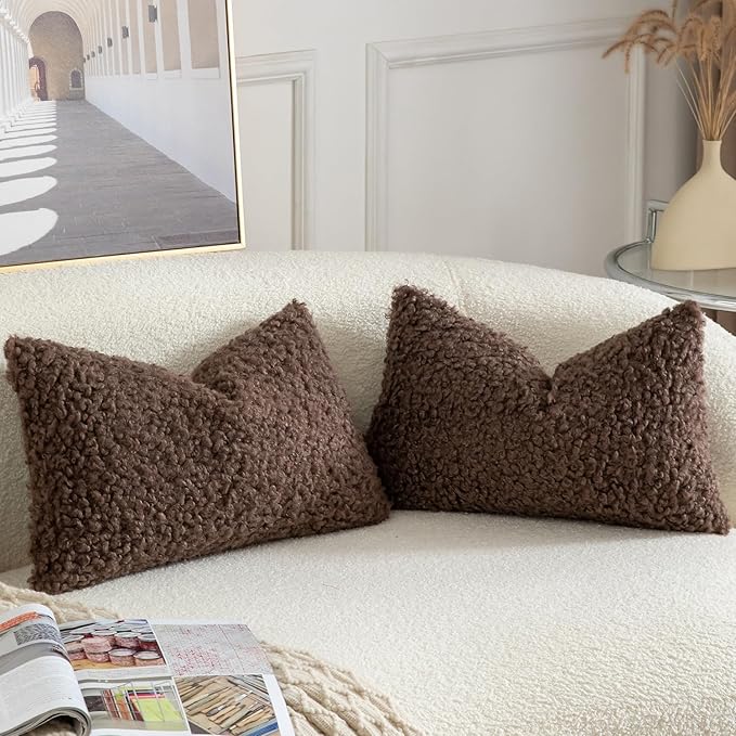 Yaertun Pack of 2 Faux Fur Throw Pillow Covers Decorative Sherpa Boucle Pillow Covers Fuzzy Soft Pillowcases Sheepskin Fleece Cushion Case for Couch Sofa Bed Living Room 12x20 Inch Chocolate